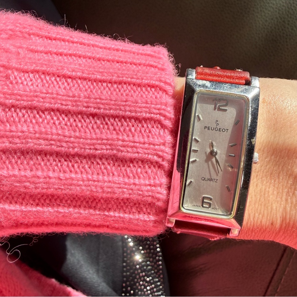 Vintage Peugeot 318 Silver Tone Brown Genuine Leather Quartz Analog Ladies Watch